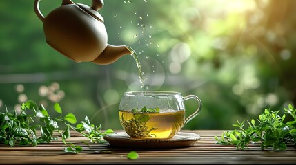 Green tea in the cup, steam rising with empty space as it pours from the kettle, Generative AI. - obrazy, fototapety, plakaty