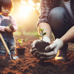 family activities Planting trees saves the world and reduces global warming. - obrazy, fototapety, plakaty