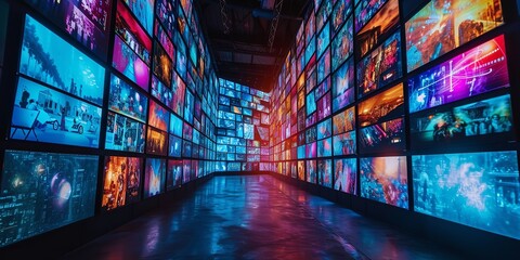 Multimedia video wall featuring images a variety of TV screens, monitor, and backdrop, space, Generative AI.