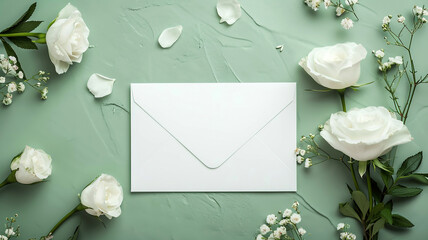 Flowers and envelope on green background. Invitation mockup, postcard from a white sheet of paper, an empty envelope and white delicate roses on a light green background. Layout, top view. 