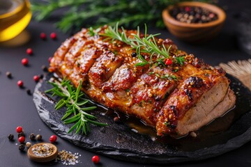 roast beef with rosemary and spices on a wooden cutting board