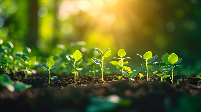 Young sprouts growing in fertile soil. Carrying the energy of a new beginning. The beginning of a new life. Generative AI