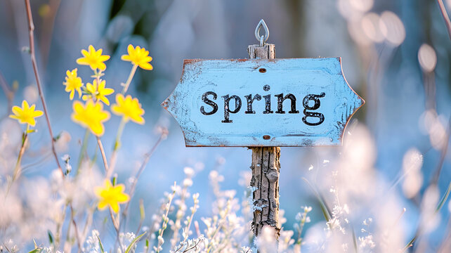 Old wooden sign with the inscription spring. The pointer stands among spring flowers.