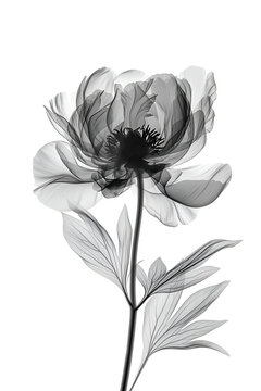 Minimalistic black peony with transparent details in x-ray style on white background. Black and white illustration.