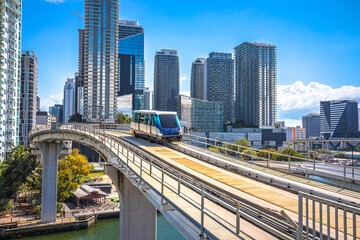 Miami downtown skyline and futuristic mover train view, Florida