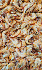 Chilled boiled shrimp in a supermarket or grocery store, close-up. Seafood