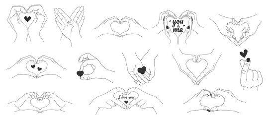 Collection of female and male hands in lines. Vector illustration of female hands with different gestures indicating a heart. Lineart in a minimalist style.