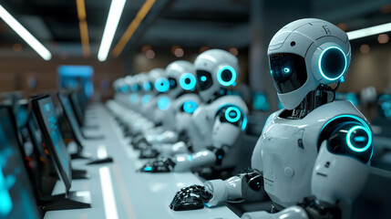 Row of robots in call center working as operators answering customer calls