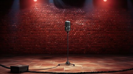 Performance stage with microphone against brick wall background