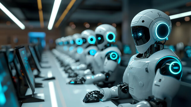 Row of robots in call center working as operators answering customer calls