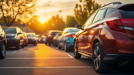 Car parked at outdoor parking lot. Used car for sale and rental service. Car insurance background. Automobile parking area - obrazy, fototapety, plakaty