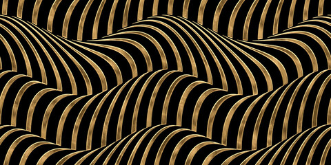 Seamless golden optical illusion rolling hills landscape pattern. Abstract geometric ocean wave stripes gold plated relief on black background. Modern elegant metallic luxury wallpaper. 3D rendering.