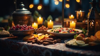 Table Set With Abundance of Food and Candles, Ramandan