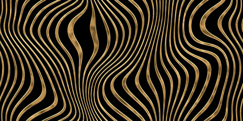 Seamless golden surreal Art Noveau wavy wonky vertical stripes pattern. Vintage warped vaporwave lines gold plated relief sculpture on black background. Trendy trippy luxury wallpaper. 3D rendering.