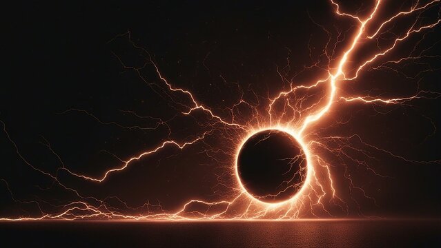 background with lightning This is an image of a black circle that emits orange lightning bolts in all directions, creating a striking visual effect of a powerful and mysterious source of energy. 