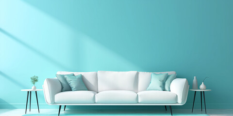 Fototapeta na wymiar White sofa or couch with side tables on a solid blue background, banner size, fresh and calm interior
