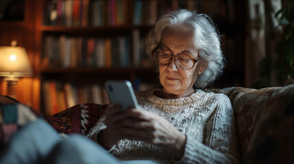 elderly woman sitting on the sofa and using a smartphone