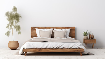 Rustic wooden bed against empty white wall with copy space. Scandinavian loft interior design of modern bedroom