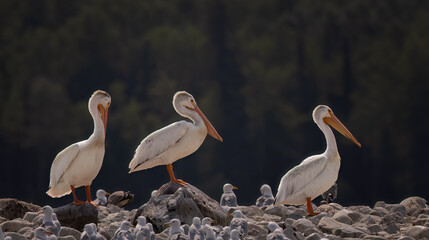 Three American white pelicans standing in a row