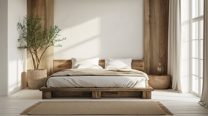 Rustic wooden bed against empty white wall with copy space. Scandinavian loft interior design of modern bedroom