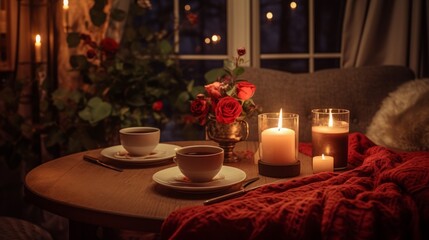 
A cozy setting with a candlelit dinner table, capturing the intimate atmosphere of a romantic Valentine's Day celebration. 