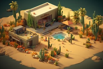 Cute oasis in the desert with houses in isometric view - obrazy, fototapety, plakaty