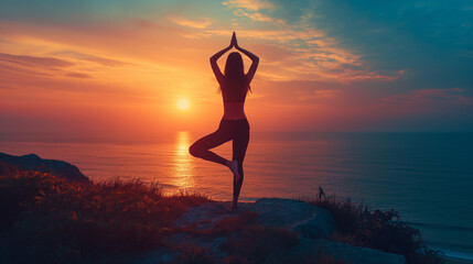 Full length of a smiling girl doing sports and yoga against the backdrop of sunset and sea