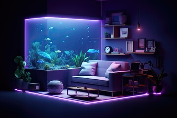 Cute room with sofa and computer, neon style, isometric view