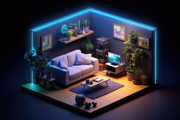Naklejka premium Cute room with sofa and computer, neon style, isometric view