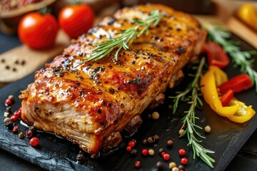 Baked pork with honey mustard glaze MADE OF pork, honey, mustard, ground pepper, top down view, clean background