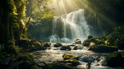 Majestic Waterfall Surrounded by Lush Forest, Spring