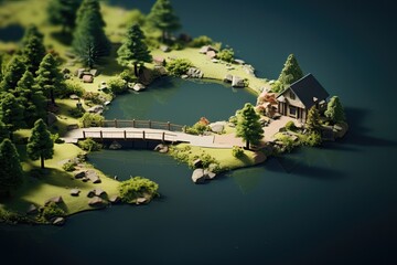 Naklejka premium Small lake with bridge isometric view