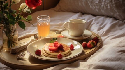 Lifestyle scenes of a romantic breakfast in bed with heart-shaped pancakes, strawberries, and flowers, evoking a sense of comfort and love. 