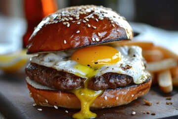 Beef burger made of ground beef, breadcrumbs, rolls, Worcestershire sauce, mustard, egg, chopped...