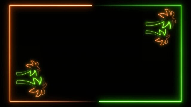 Neon Glowing Palm Tree Frame Template design Isolated on Black Background. Tropical palm trees in neon colorful glowing design. Banner or Card Template. Summer and cultural concept vertical design.