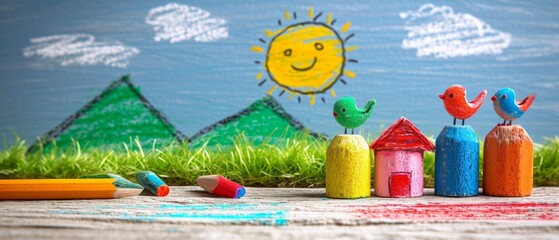 A naive children's drawing with colored chalk on white paper, made by hand by a child, shows a mountain, a sun, birds and a house isolated on white background