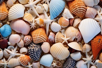 A variety of seashells in different colors - obrazy, fototapety, plakaty