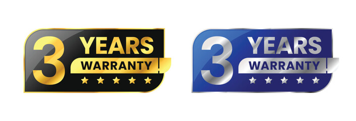 3 Years warranty label, badge, icon, logo. Parallelogram rhombus shape with gold and silver color. Vector Illustration