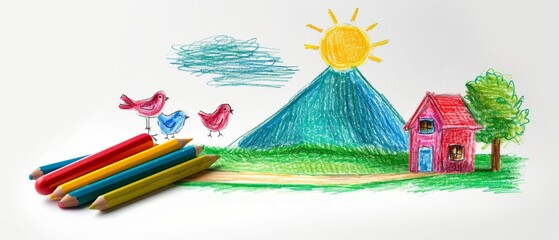 Obraz premium A naive children's drawing with colored chalk on white paper, made by hand by a child, shows a mountain, a sun, birds and a house isolated on white background