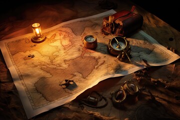 Naklejka na ściany i meble Treasure map with compass and candles on the table