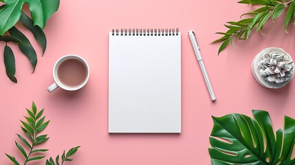 Top view of a peach backdrop with a blank notebook on a desktop workplace, space, Generative AI. - obrazy, fototapety, plakaty