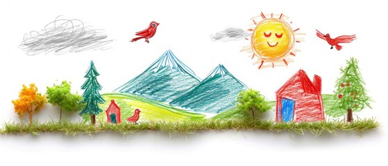 A naive children's drawing with colored chalk on white paper, made by hand by a child, shows a mountain, a sun, birds and a house isolated on white background