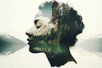 Nature's Reflection: A Double Exposure Portrait of Spiritual Femininity in a Tranquil Forest