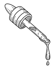 Pipette with drop liquid sketch. Cosmetic medical object. Hand drawn line art illustration.