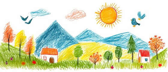 A naive children's drawing with colored chalk on white paper, made by hand by a child, shows a mountain, a sun, birds and a house isolated on white background