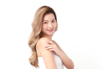 Fototapeta premium Beautiful young asian woman with clean fresh skin on white background, Face care, Facial treatment, Cosmetology, beauty and spa, Asian women portrait.