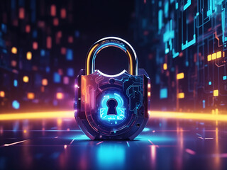 Padlock over glowing abstract electronic circuit background design, wide banner - cyber security concept 3D Render design. - obrazy, fototapety, plakaty