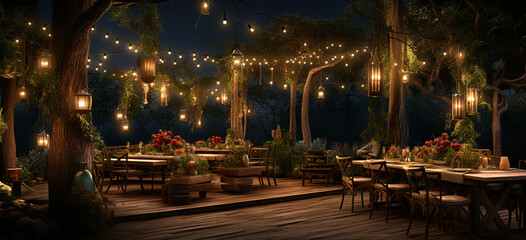 Obraz premium a deck with a table and chairs lit up at night