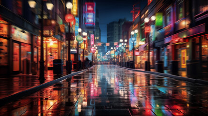 Modern Chinese city nights: Neon-lit vibrant cityscape, empty streets, red lights of advertising, shops, and restaurants.