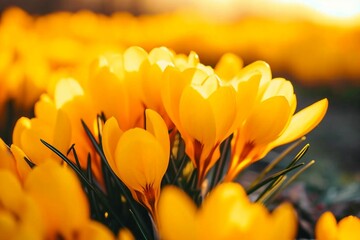 Yellow crocuses in the early spring. High quality photo. generative ai.